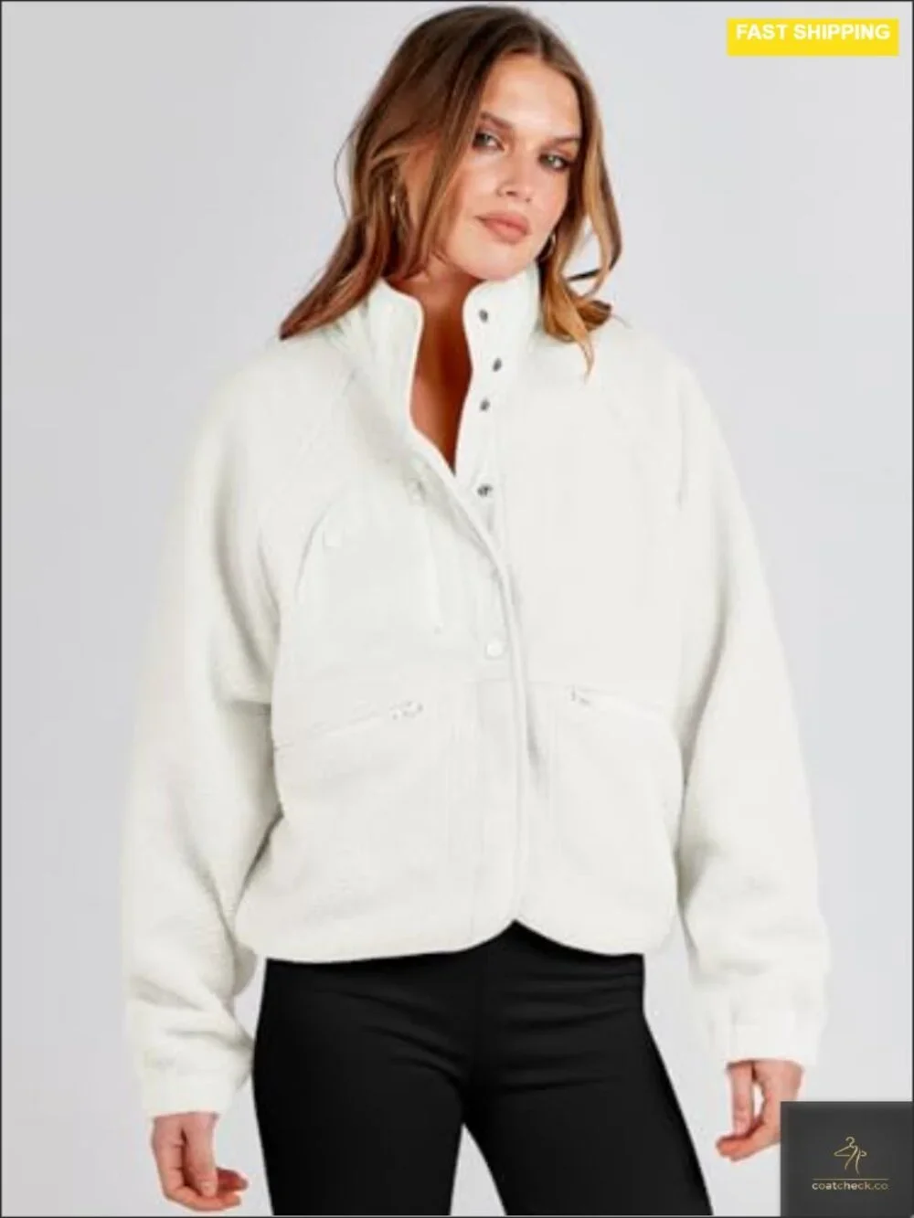 Fuzzy Fleece Button Down Cropped Sherpa Coat with Pockets